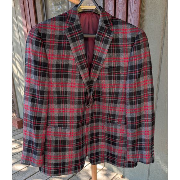 IZOD Mens Plaid Red & Black & Gray Wool Viscose 2 button Sport Coat Blazer 40 S - Picture 12 of 12